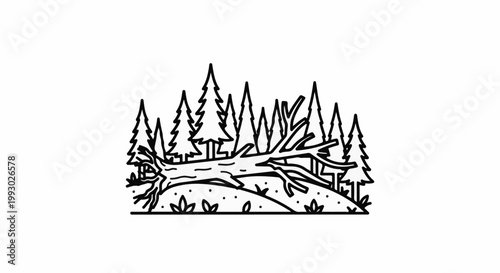 Line art of a fallen tree in a forest with evergreen trees and foliage
