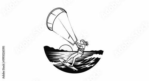 Kitesurfer rides wave at sunset, black outline on white background
