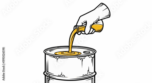 Gloved hand pours yellow liquid into metal drum