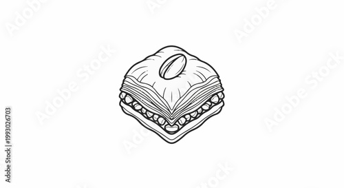 Detailed line drawing of a layered pastry with nuts and a pistachio on top