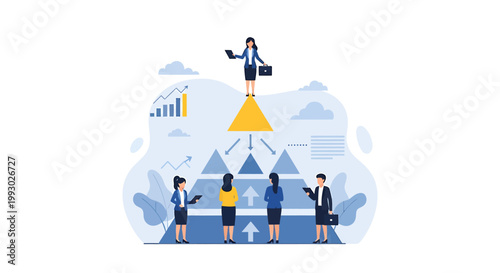 Businesswoman Launching from Pyramid to Success in Business Growth.