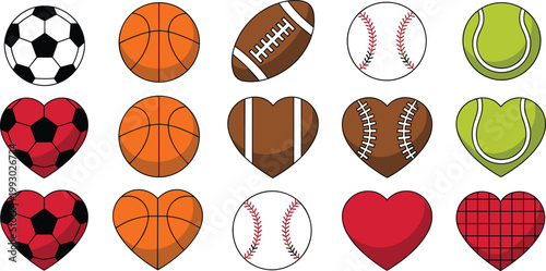 Sports balls and heart shaped athletic icons set featuring soccer basketball football baseball and tennis designs for fan love and team spirit