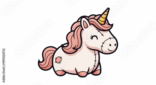 Cute, stitched cartoon unicorn with pink mane and golden horn