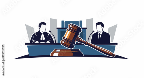 Courtroom scene with a gavel and two figures in judicial attire