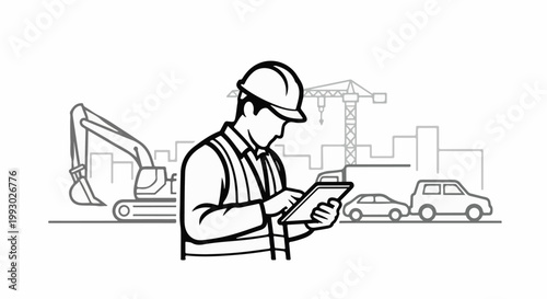 Construction worker with tablet on site, with excavator, crane, and vehicles
