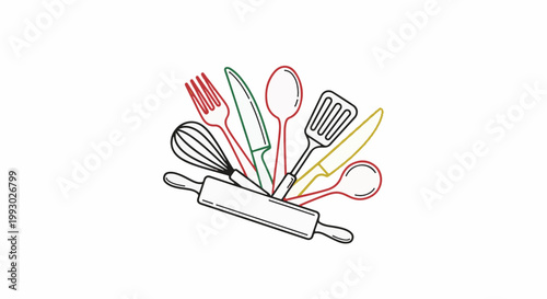 Colorful collection of kitchen utensils and baking tools arranged artfully