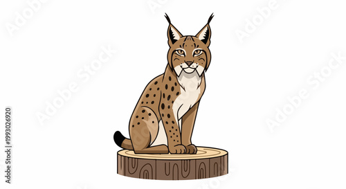 Cartoon lynx with tufted ears and spotted fur sits on a tree stump