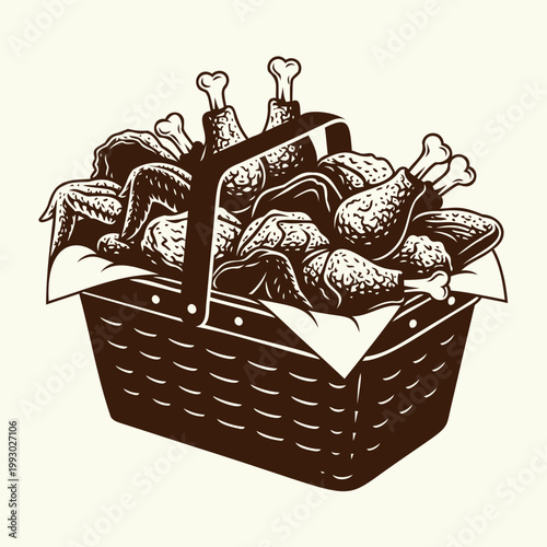 Black and white illustration of a basket of fried chicken