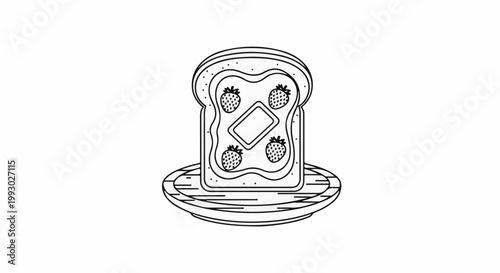 Toast with jam and strawberries on a plate, in outline