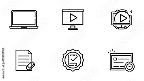 Digital Education Icons: A set of clean, minimalist line art icons representing various aspects of digital education, including laptop, video presentation, online courses, document, certification.