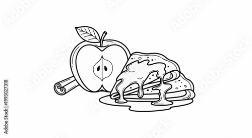 A line drawing of a half apple, cinnamon stick, and stacked pancakes
