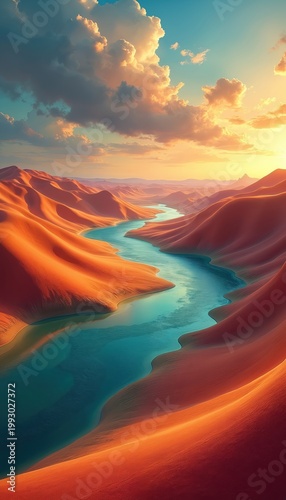 Surreal desert landscape with winding river at sunset. Orange sand dunes meet blue water under cloudy sky. Sun casts golden light on arid terrain.