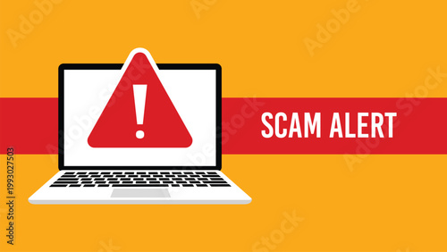Scam alert notification on laptop screen vector illustration