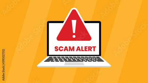 Scam alert notification on laptop screen vector illustration
