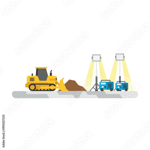This illustration features a yellow bulldozer moving dirt alongside two blue portable generators and bright floodlights on a gray surface.