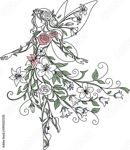 Beautiful artistic illustration of a graceful forest fairy created with blooming flowers and delicate botanical vines for a magical and whimsical enchanted fantasy nature concept