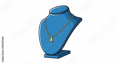 A gold pendant necklace on a blue jewelry display stand