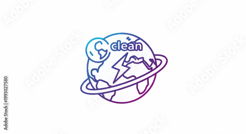 Stylized globe with a lightning bolt and ring, word "clean" above