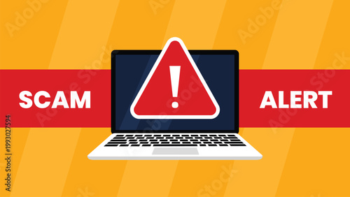 Scam alert notification on laptop screen vector illustration