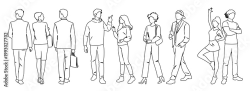 Walking and standing men and women, collection young people silhouettes, business and sportswear,  front and back views, hand drawn, line sketch, profile, vector image,  black color, isolated on white