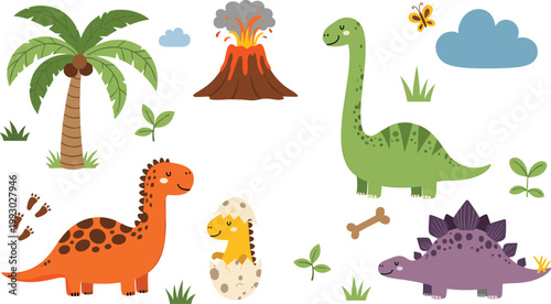 Cute Dinosaur Illustration Set Featuring Friendly Dinosaurs, Volcano, Palm Tree, Dino Eggs, and Nature Elements for Kids’ Educational and Cartoon Design Projects.