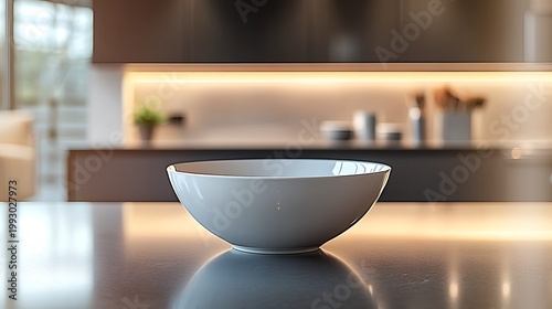 Empty white ceramic bowl on modern kitchen counter with warm lighting