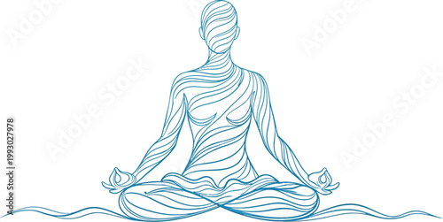 Abstract human figure meditating in a serene lotus position, rendered with flowing blue lines, symbolizing mindfulness, inner peace, and spiritual harmony against a calm blue gradient.