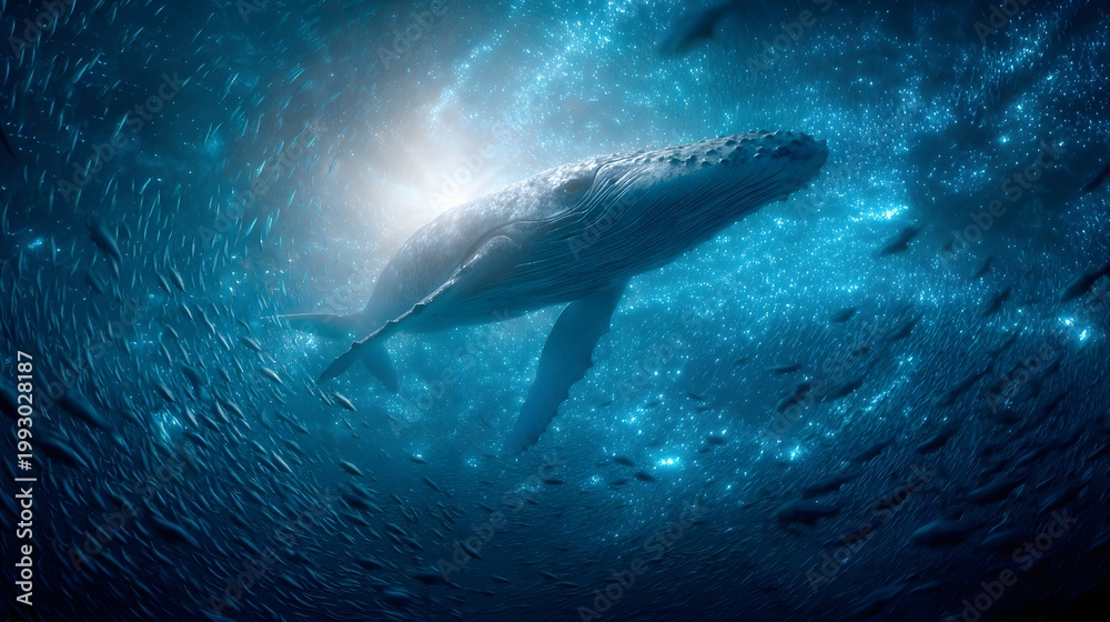 Fototapeta premium whale in deep blue water. Cinematic majestic humpback wildlife photography. Nature scene with massive marine animal.