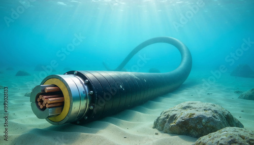 Detailed underwater shot of a massive submarine cable on sea floor