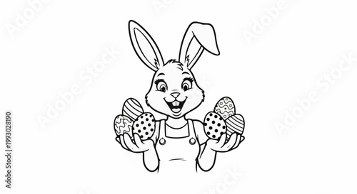 A joyful cartoon bunny holding decorated Easter eggs in its paws