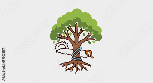 Stylized tree with saws wrapped around its trunk
