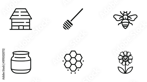 Honeycomb Icons Collection: A collection of meticulously crafted honeycomb-related icons, each illustrating elements of the honeybee's world, from the beehive to the honey dipper. 
