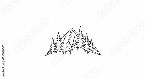 Stylized black and white mountain range with pine trees