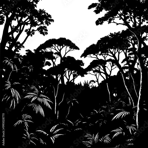 A black silhouette of a dense jungle with tall trees and tropical plants against a white background