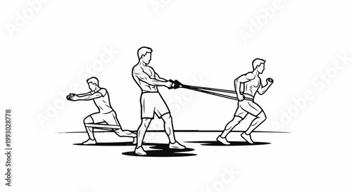 Three men exercising with resistance bands, one lunging, one holding, one running