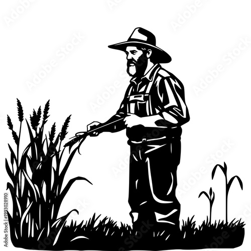 A black and white vector graphic illustration of a farmer cutting grass with a sickle on transparent background