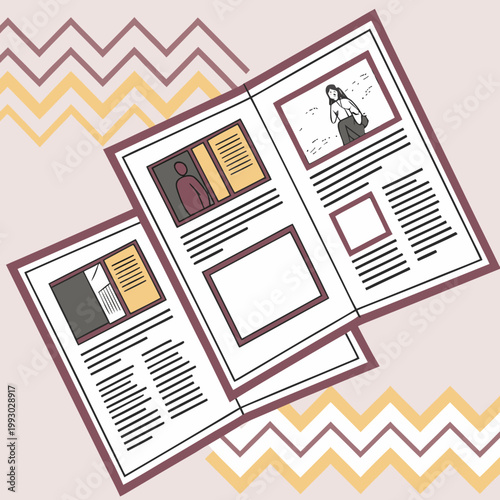 Magazine pages with portraits and text graphic design flat lay vector art graphic element magazine newspaper articles portraits publication information illustration document editorial