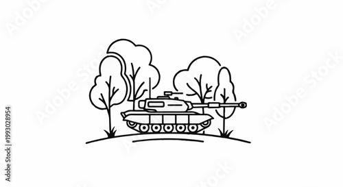 A minimalist line drawing of a tank positioned between stylized trees