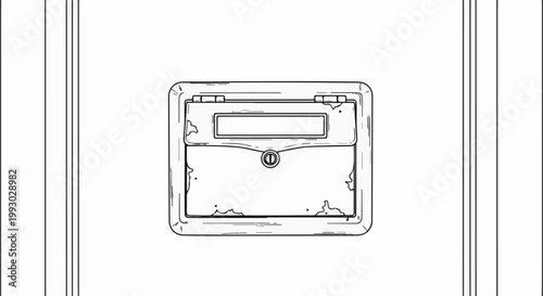 Stylized line drawing of an old, weathered mailbox with a keyhole and label