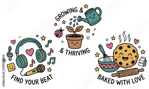 Creative doodles celebrating growth, music, and baking with charming hand-drawn illustrations