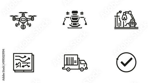 Innovative Icons of Progress: A curated set of vector icons symbolizing advancements in drone technology, aerospace exploration, automated manufacturing, and logistics.