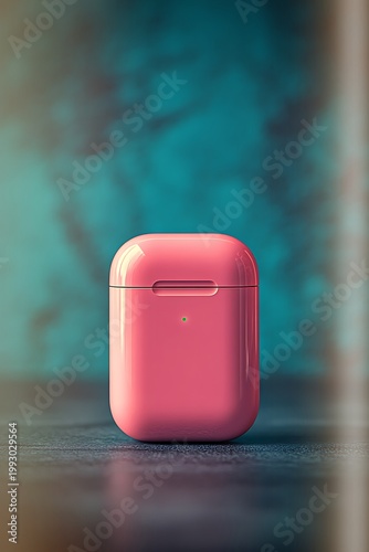 Pink wireless earbuds case on reflective dark surface with soft bokeh background