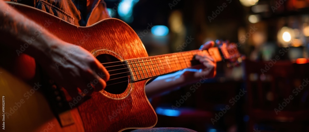 Fototapeta premium The acoustic guitar player strums warm wood tones in an intimate dimly lit bar