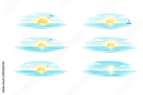 Serene seascapes at different times, seascape time variations, ocean at sunrise sunset night, changing ocean light, serene coastal views, tranquil sea scenes, sunrise ocean glow, sunset seascape color