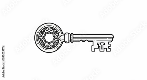 An ornate, vintage-style key with intricate scrollwork on its head