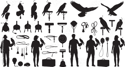 Extensive silhouette collection depicting various elements of falconry, including majestic birds of prey, skilled falconers, and traditional hunting equipment, perfect for design projects