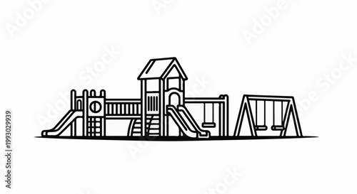 A simple line drawing of a playground with slides and swings