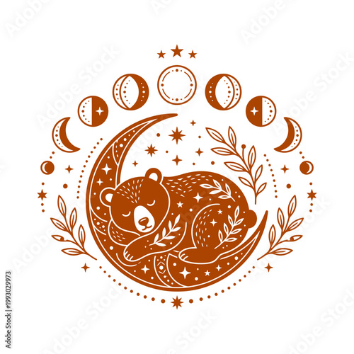 Cute Sleeping Bear on Crescent Moon Celestial Art.
