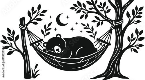 Cute Bear Sleeping Peacefully in Hammock Under Night Sky.