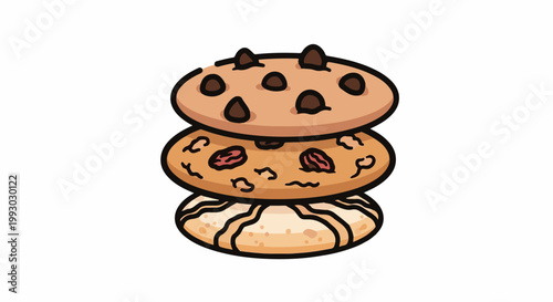 Stack of three cartoon cookies, chocolate chip, nutty, and swirled